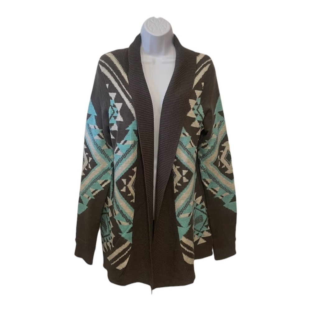 Eddie Bauer Womens Brown Teal Southwestern Geometric Shawl Cardigan Sweater M